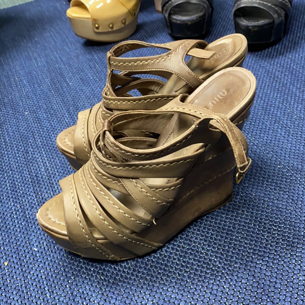 tan miu miu strappy wedges